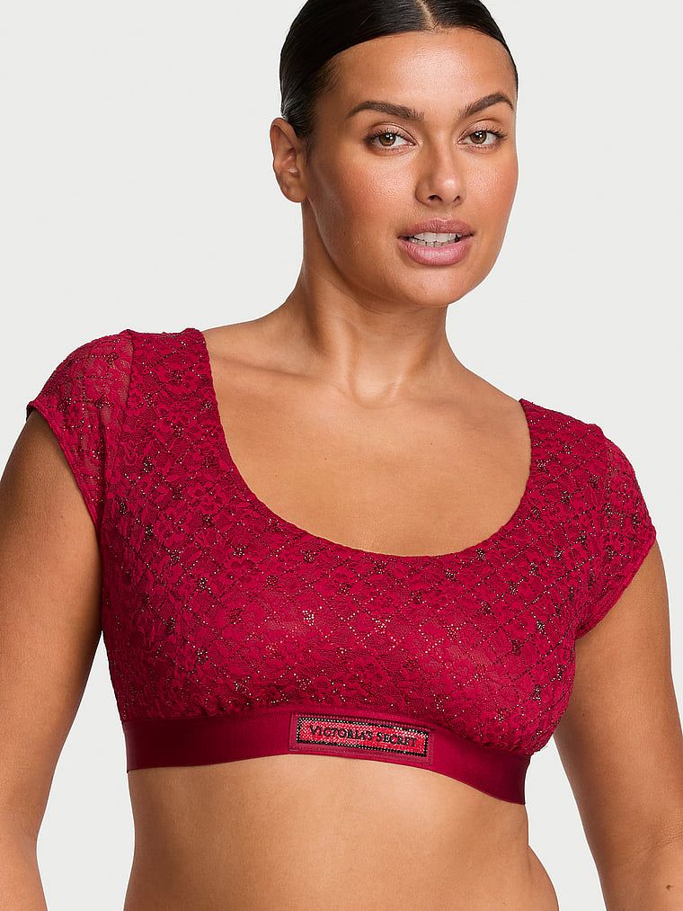 T-shirt Čipkasti bralette top sa sjajnim logotipom i kratkim rukavima