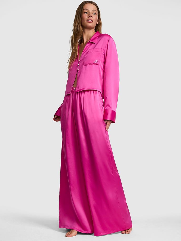 PINK Satenski pidžama komplet s dugim rukavima i hlačama GRWPINK