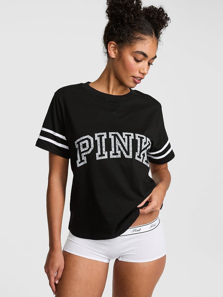 PINK Boxy majica s okruglim izrezom i V prošivom Campus Cotton