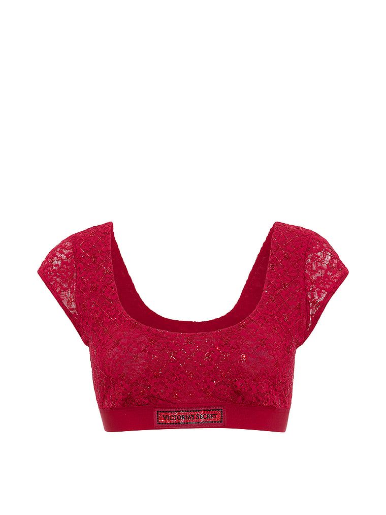 Čipkasti bralet s rukavima i Shine logom. Proizvod je crvene boje i dolazi iz kolekcije majica.