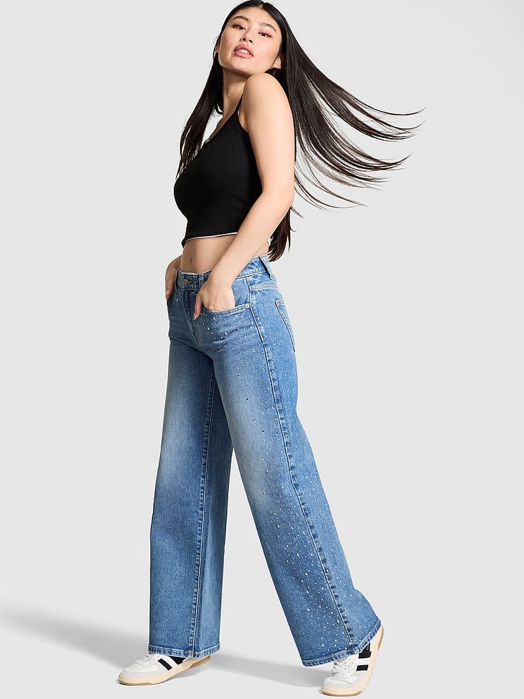 Denim by PINK Mid-Rise torbagy Wide-Leg traperice