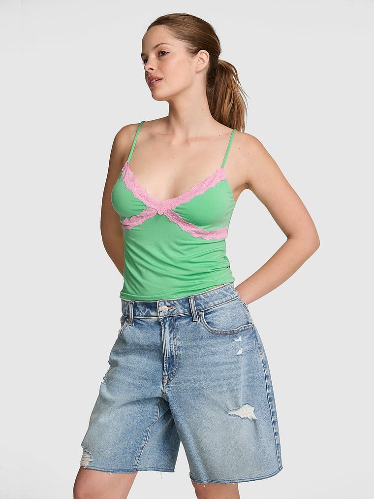 PINK Top na naramenice od modala s čipkastim obrubom